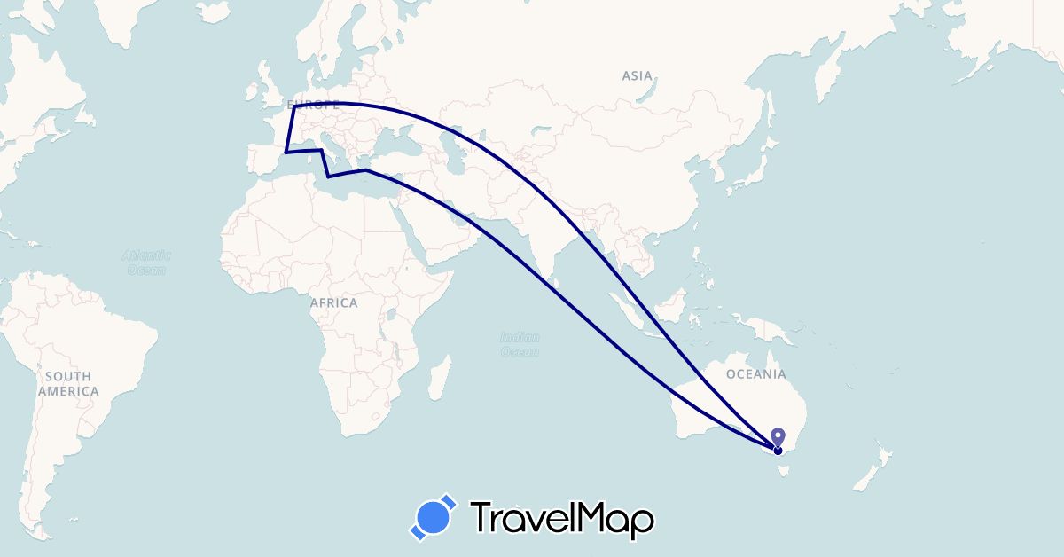 TravelMap itinerary: driving in United Arab Emirates, Australia, Belgium, Spain, Greece, Italy, Malta (Asia, Europe, Oceania)